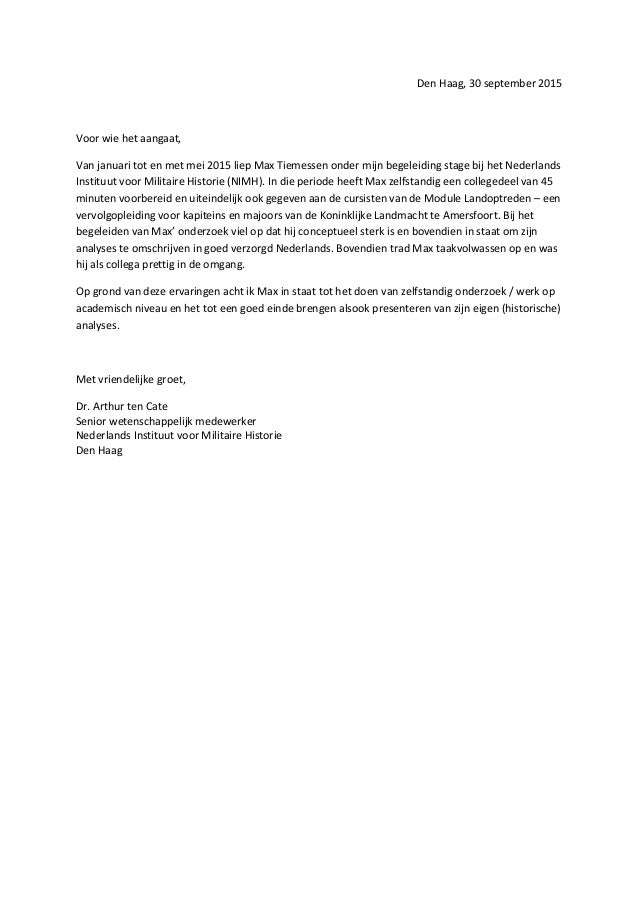 Aanbevelingsbrief Nederlands Instituut voor Militaire Historie (NIMH)