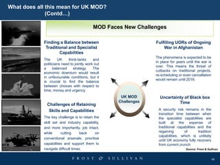 11
UK MOD
Challenges
Source: Frost & Sullivan
Uncertainty of Black box
Time
A security risk remains in the
transition time between when
the specialist capabilities are
built at the expense of
traditional capabilities and the
regaining of tradition
capabilities, which is unlikely
until UK economy fully recovers
from current crunch
Finding a Balance between
Traditional and Specialist
Capabilities
The UK think-tanks and
politicians need to jointly work out
a balanced strategy. The
economic downturn would result
in unfavourable conditions, but it
is crucial to find the balance
between choices with respect to
time, money and urgency.
Challenges of Retaining
Skills and Capabilities
The key challenge is to retain the
skill set and industry capability,
and more importantly, job intact,
while cutting back on
conventional arsenals; prioritise
capabilities and support them to
navigate difficult times.
Fulfilling UORs of Ongoing
War in Afghanistan
The phenomena is expected to be
in place for years until the war is
over. This means the threat of
cutbacks on traditional projects,
re-scheduling or even cancellation
would remain until 2016.
MOD Faces New Challenges
What does all this mean for UK MOD?
(Contd…)
 