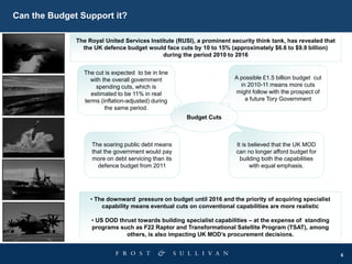 6
Can the Budget Support it?
Budget Cuts
A possible £1.5 billion budget cut
in 2010-11 means more cuts
might follow with the prospect of
a future Tory Government
The cut is expected to be in line
with the overall government
spending cuts, which is
estimated to be 11% in real
terms (inflation-adjusted) during
the same period.
It is believed that the UK MOD
can no longer afford budget for
building both the capabilities
with equal emphasis.
The soaring public debt means
that the government would pay
more on debt servicing than its
defence budget from 2011
The Royal United Services Institute (RUSI), a prominent security think tank, has revealed that
the UK defence budget would face cuts by 10 to 15% (approximately $6.6 to $9.9 billion)
during the period 2010 to 2016
• The downward pressure on budget until 2016 and the priority of acquiring specialist
capability means eventual cuts on conventional capabilities are more realistic
• US DOD thrust towards building specialist capabilities – at the expense of standing
programs such as F22 Raptor and Transformational Satellite Program (TSAT), among
others, is also impacting UK MOD’s procurement decisions.
 