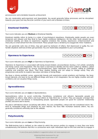 perseverance and orientation towards achievement.
You are moderately well-organized and dependable. You would generally follow processes and be disciplined
towards your goal, but may become carefree of your work and schedules at times.
Emotional Stability
Your score indicates you are Medium on Emotional Stability.
Emotional stability refers to being in a state of psychological steadiness. Emotionally stable people are even
tempered and relaxed and they tend to have higher emotional intelligence. On the other hand, people low on
emotional stability are likely to experience negative emotions like anxiety, depression, embarrassment and
insecurity on small stimuli from the environment. These people have a tendency to exaggerate minor mutations.
You are generally calm, but, at times, may get upset by behavior of others, feel depressed or guilty. You can
handle situations well but at times get panicked. You are moderately adaptable to your surroundings.
Openness to Experience
Your score indicates you are High on Openness to Experience.
Openness to Experience is associated with being broad-minded, unconventional, having a rich artistic sensitivity
and being curious and imaginative. This has been a trait hard to identify and has been called as intellect, culture
or openness to experience by various psychometricians. Open individuals are creative, willing to challenge
authority and entertain new ideas. They have intuitive thinking and can adapt to change easily. They are
progressive and prefer to explore new ways and ideas of doing things.
You have a strong aesthetic sense, appreciate beauty and experience varied emotions and feelings. You have
broad interests, are keen to try out different things and have a rich imagination. You are highly creative and self-
confident, and can visualize things easily.
Agreeableness
Your score indicates you are Low on Agreeableness.
Agreeableness refers to social conformity, friendliness, compliance and altruism. Agreeable people are
sympathetic to others, help others and trust others to help them too in return. They are popular amongst their
colleagues and do not believe in manipulating people. Agreeable people are good for customer relationship
profiles and work well in teams.
You place self-interest above socializing with others. You are competitive, critical and not considered warm. You
tend to manipulate things and situations for your interest. You have little inclination towards others. You are
generally considered unfriendly due to this attitude.
Polychronicity
Your score indicates you are Low on Polychronicity.
The Multi-tasking trait is defined as the extent to which the person prefers to engage in more than one tasks
simultaneously and believes that this is a productive work style. Individuals high on this trait shall like to engage in
 