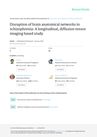 See	discussions,	stats,	and	author	profiles	for	this	publication	at:	https://www.researchgate.net/publication/290259931
Disruption	of	brain	anatomical	networks	in
schizophrenia:	A	longitudinal,	diffusion	tensor
imaging	based	study
Article		in		Schizophrenia	Research	·	January	2016
DOI:	10.1016/j.schres.2016.01.025
CITATIONS
5
READS
43
6	authors,	including:
Some	of	the	authors	of	this	publication	are	also	working	on	these	related	projects:
Connectome	study	of	Schizophrenia	View	project
Artificial-Intelligence	based	Ischemia	Detection	View	project
Yu	Sun
National	University	of	Singapore
44	PUBLICATIONS			310	CITATIONS			
SEE	PROFILE
Renick	Lee
National	Neuroscience	Institute
14	PUBLICATIONS			33	CITATIONS			
SEE	PROFILE
Anastasios	Bezerianos
University	of	Patras
223	PUBLICATIONS			2,446	CITATIONS			
SEE	PROFILE
Simon	L	Collinson
National	University	of	Singapore
84	PUBLICATIONS			755	CITATIONS			
SEE	PROFILE
All	content	following	this	page	was	uploaded	by	Yu	Sun	on	29	April	2016.
The	user	has	requested	enhancement	of	the	downloaded	file.	All	in-text	references	underlined	in	blue	are	added	to	the	original	document
and	are	linked	to	publications	on	ResearchGate,	letting	you	access	and	read	them	immediately.
 