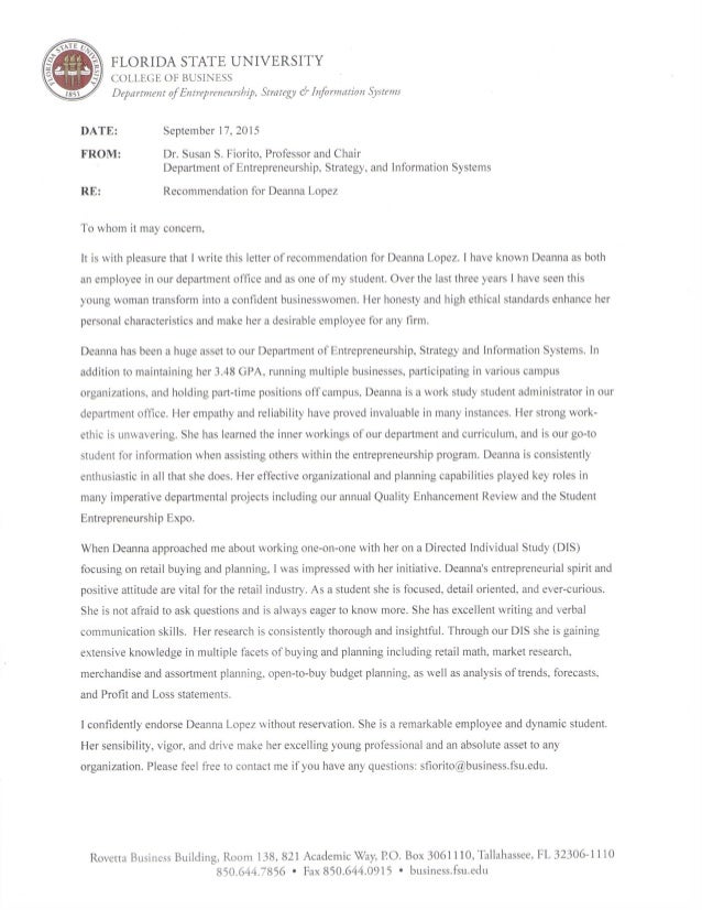 dr susan s fiorito letter of recommendation for deanna lopez fsu letter of recommendation