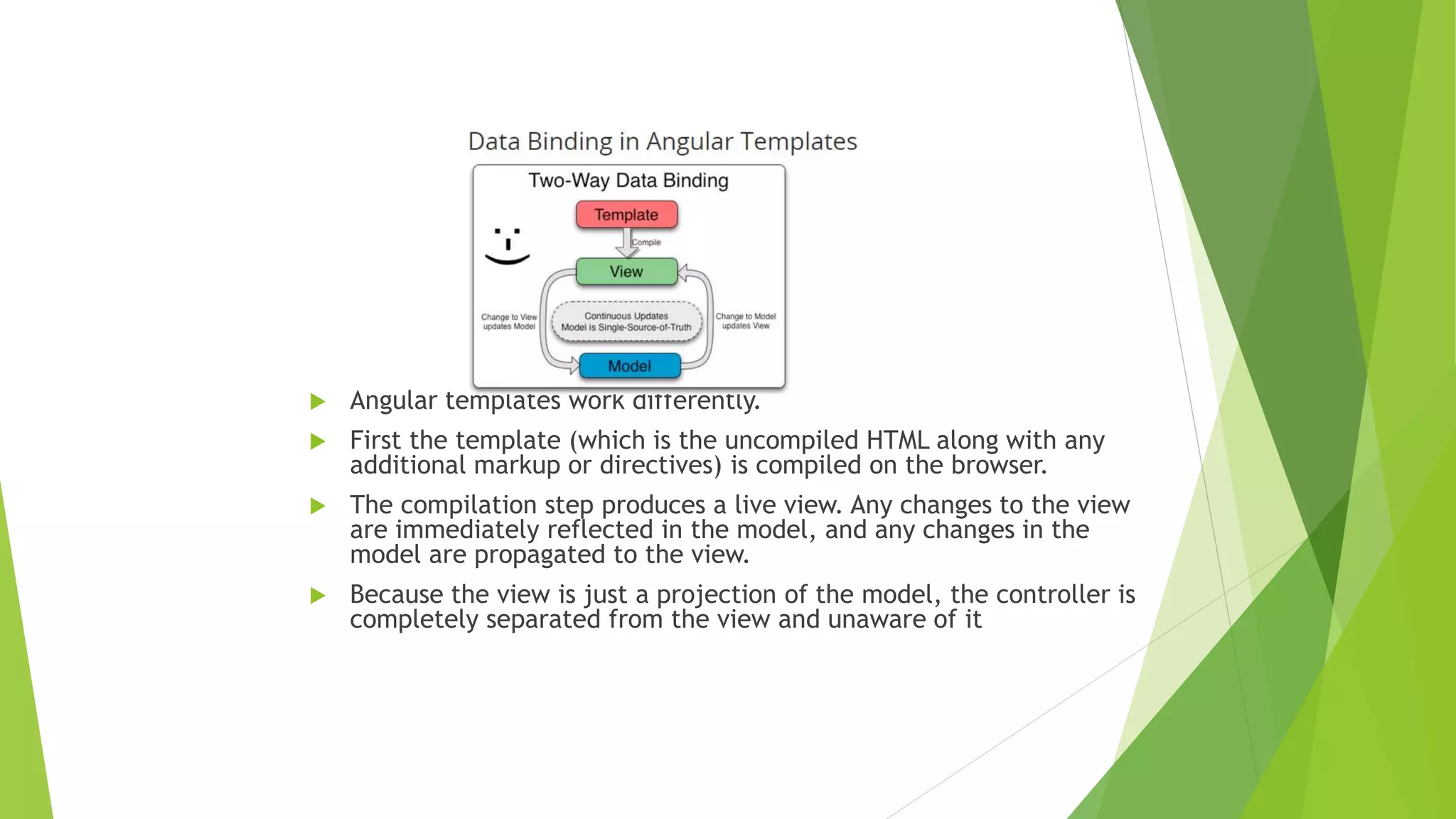  Angular templates work differently.
 First the template (which is the uncompiled HTML along with any
additional markup or directives) is compiled on the browser.
 The compilation step produces a live view. Any changes to the view
are immediately reflected in the model, and any changes in the
model are propagated to the view.
 Because the view is just a projection of the model, the controller is
completely separated from the view and unaware of it
 