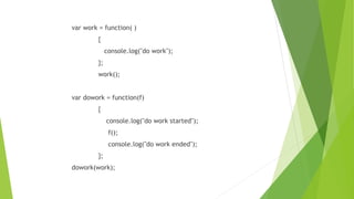 var work = function( )
{
console.log("do work");
};
work();
var dowork = function(f)
{
console.log("do work started");
f();
console.log("do work ended");
};
dowork(work);
 