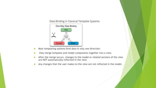  Most templating systems bind data in only one direction:
 they merge template and model components together into a view.
 After the merge occurs, changes to the model or related sections of the view
are NOT automatically reflected in the view.
 Any changes that the user makes to the view are not reflected in the model.
 