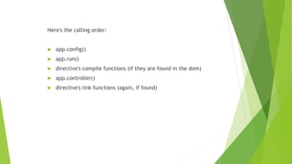 Here's the calling order:
 app.config()
 app.run()
 directive's compile functions (if they are found in the dom)
 app.controller()
 directive's link functions (again, if found)
 
