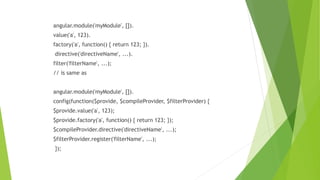 angular.module('myModule', []).
value('a', 123).
factory('a', function() { return 123; }).
directive('directiveName', ...).
filter('filterName', ...);
// is same as
angular.module('myModule', []).
config(function($provide, $compileProvider, $filterProvider) {
$provide.value('a', 123);
$provide.factory('a', function() { return 123; });
$compileProvider.directive('directiveName', ...);
$filterProvider.register('filterName', ...);
});
 