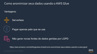 © 2021, Amazon Web Services, Inc. or its Affiliates.
Como anonimizar seus dados usando o AWS Glue
https://aws.amazon.com/pt/blogs/aws-brasil/como-anonimizar-seus-dados-usando-o-aws-glue/
Vantagens:
Serverless
Pagar apenas pelo que se usa
Não gerar novas fontes de dados geridas por LGPD
 