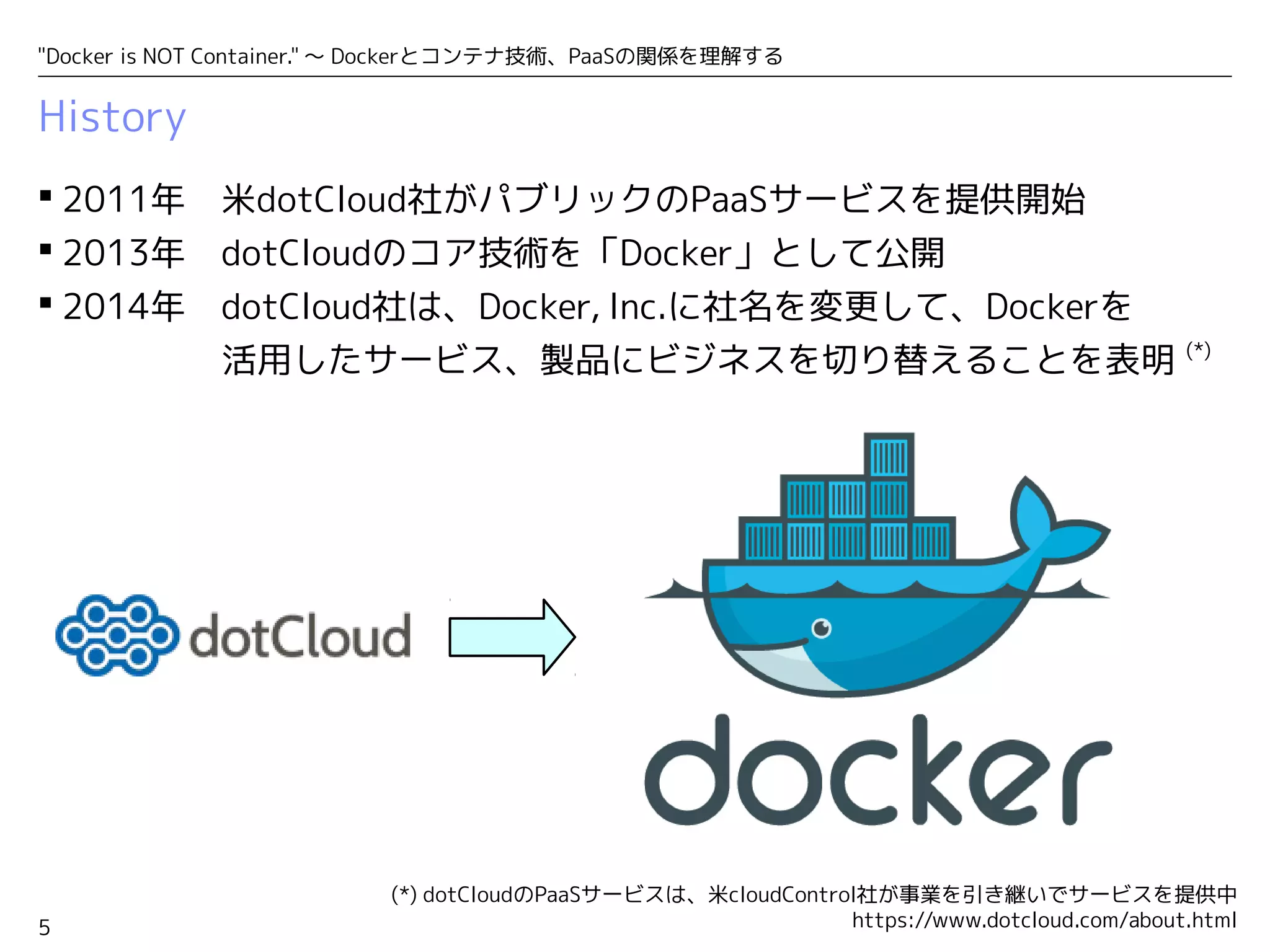 "Docker is NOT Container." ～ Dockerとコンテナ技術、PaaSの関係を理解する 
History 
 2011年　米dotCloud社がパブリックのPaaSサービスを提供開始 
 2013年　dotCloudのコア技術を「Docker」として公開 
 2014年　dotCloud社は、Docker, Inc.に社名を変更して、Dockerを 
　　　　 活用したサービス、製品にビジネスを切り替えることを表明 (*) 
5 
(*) dotCloudのPaaSサービスは、米cloudControl社が事業を引き継いでサービスを提供中 
　　https://www.dotcloud.com/about.html 
 