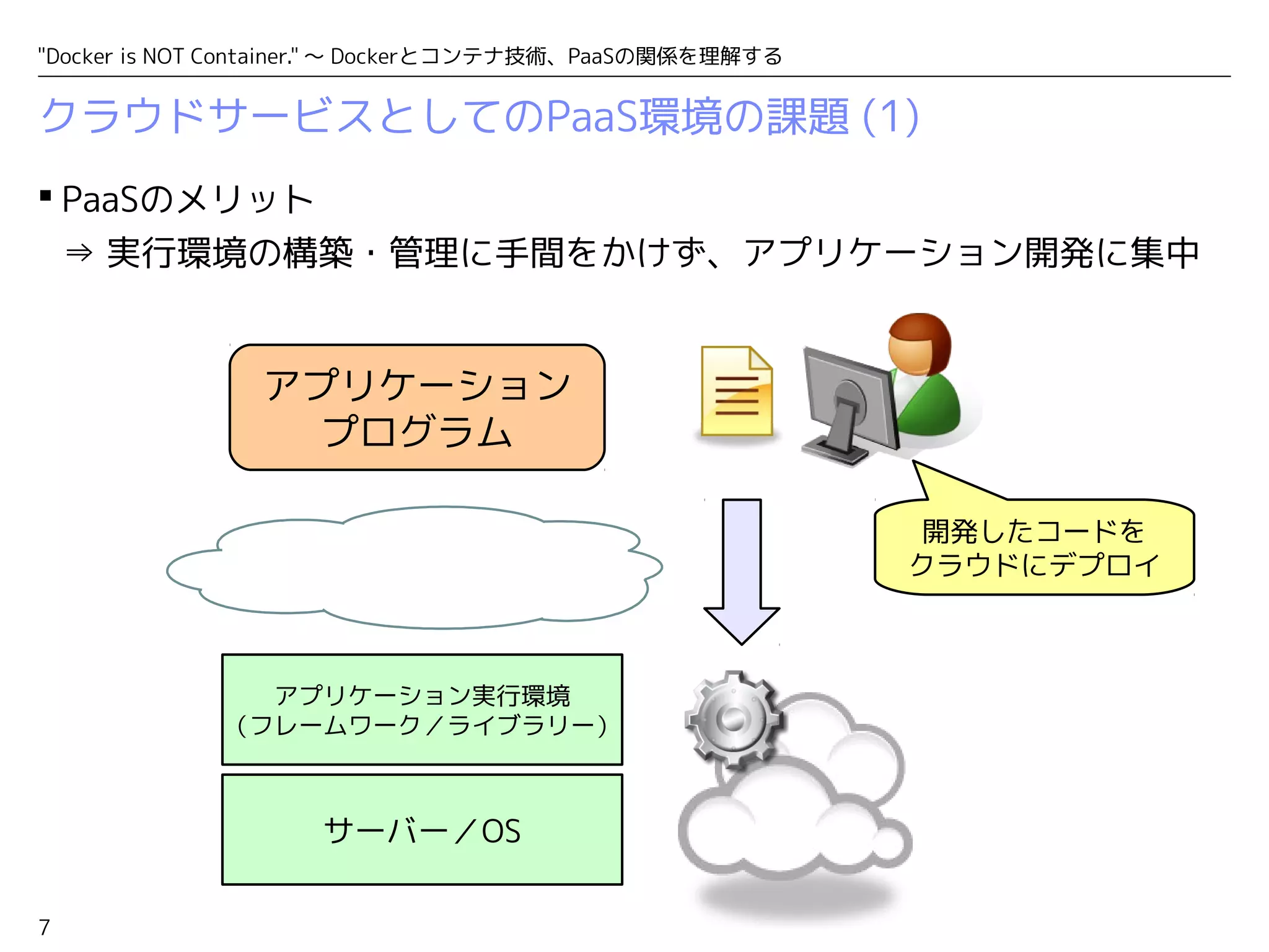 "Docker is NOT Container." ～ Dockerとコンテナ技術、PaaSの関係を理解する 
クラウドサービスとしてのPaaS環境の課題 (1) 
 PaaSのメリット 
⇒ 実行環境の構築・管理に手間をかけず、アプリケーション開発に集中 
7 
アプリケーション実行環境 
（フレームワーク／ライブラリー） 
サーバー／OS 
開発したコードを 
クラウドにデプロイ 
アプリケーション 
プログラム 
 