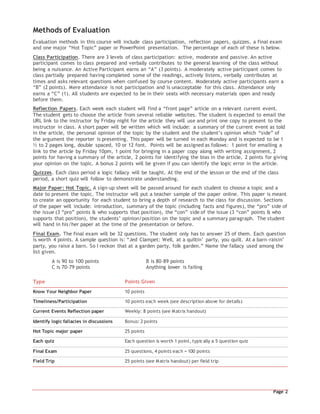 Page 2
Methods of Evaluation
Evaluation methods in this course will include class participation, reflection papers, quizzes, a final exam
and one major “Hot Topic” paper or PowerPoint presentation. The percentage of each of these is below.
Class Participation. There are 3 levels of class participation: active, moderate and passive. An active
participant comes to class prepared and verbally contributes to the general learning of the class without
being a nuisance. An Active Participant earns an “A” (3 points). A moderately active participant comes to
class partially prepared having completed some of the readings, actively listens, verbally contributes at
times and asks relevant questions when confused by course content. Moderately active participants earn a
“B” (2 points). Mere attendance is not participation and is unacceptable for this class. Attendance only
earns a “C” (1). All students are expected to be in their seats with necessary materials open and ready
before them.
Reflection Papers. Each week each student will find a “front page” article on a relevant current event.
The student gets to choose the article from several reliable websites. The student is expected to email the
URL link to the instructor by Friday night for the article they will use and print one copy to present to the
instructor in class. A short paper will be written which will include: a summary of the current event as told
in the article, the personal opinion of the topic by the student and the student’s opinion which “side” of
the argument the reporter is presenting. This paper will be turned in each Monday and is expected to be 1
½ to 2 pages long, double spaced, 10 or 12 font. Points will be assigned as follows: 1 point for emailing a
link to the article by Friday 10pm, 1 point for bringing in a paper copy along with writing assignment, 2
points for having a summary of the article, 2 points for identifying the bias in the article, 2 points for giving
your opinion on the topic. A bonus 2 points will be given if you can identify the logic error in the article.
Quizzes. Each class period a logic fallacy will be taught. At the end of the lesson or the end of the class
period, a short quiz will follow to demonstrate understanding.
Major Paper: Hot Topic. A sign-up sheet will be passed around for each student to choose a topic and a
date to present the topic. The instructor will put a teacher sample of the paper online. This paper is meant
to create an opportunity for each student to bring a depth of research to the class for discussion. Sections
of the paper will include: introduction, summary of the topic (including facts and figures), the “pro” side of
the issue (3 “pro” points & who supports that position), the “con” side of the issue (3 “con” points & who
supports that position), the students’ opinion/position on the topic and a summary paragraph. The student
will hand in his/her paper at the time of the presentation or before.
Final Exam. The final exam will be 32 questions. The student only has to answer 25 of them. Each question
is worth 4 points. A sample question is: “Jed Clampet: Well, at a quiltin’ party, you quilt. At a barn-raisin’
party, you raise a barn. So I reckon that at a garden party, folk garden.” Name the fallacy used among the
list given.
A is 90 to 100 points B is 80-89 points
C is 70-79 points Anything lower is failing
Type Points Given
Know Your Neighbor Paper 10 points
Timeliness/Participation 10 points each week (see description above for details)
Current Events Reflection paper Weekly: 8 points (see Matrix handout)
Identify logic fallacies in discussions Bonus: 2 points
Hot Topic major paper 25 points
Each quiz Each question is worth 1 point, typically a 5 question quiz
Final Exam 25 questions, 4 points each = 100 points
Field Trip 25 points (see Matrix handout) per field trip
 