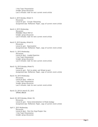 Page 5
1 Hot Topic Presentation
Smaller group discussion
Last 5 minutes: look for next current event article
March 2, 2015 Monday (Week 7)
Discussion
Lesson & quiz – Circular Reasoning
Assignment due: Reflection Paper, copy of current event article
March 4, 2015 Wednesday
Discussion
POSSIBLE FIELD TRIP #1
Smaller group discussion
Last 5 minutes: look for next current event article
March 9, 2015 Monday (Week 8)
Discussion
Lesson & quiz - Equivocation
Assignment due: Reflection Paper, copy of current event article
March 11, 2015 Wednesday
Discussion
Lesson & Quiz – Loaded Question
1 Hot Topic Presentation
Smaller group discussion
Last 5 minutes: look for next current event article
March 16, 2015 Monday (Week 9)
Discussion
Lesson & quiz – Part-to-whole and Whole-to-part
Assignment due: Reflection Paper, copy of current event article
March 18, 2015 Wednesday
Discussion
Lesson & Quiz – either/or
1 Hot Topic Presentation
Smaller group discussion
Last 5 minutes: look for next current event article
March 23, 2015 & March 25, 2015
SPRING BREAK
March 30, 2015 Monday (Week 10)
Discussion
Lesson & quiz – Hasty Generalization & Weak Analogy
Assignment due: Reflection Paper, copy of current event article
April 1, 2015 Wednesday
Discussion
Lesson & Quiz – Post Hoc Ergo Propter Hoc
1 Hot Topic Presentation
Smaller group discussion
 