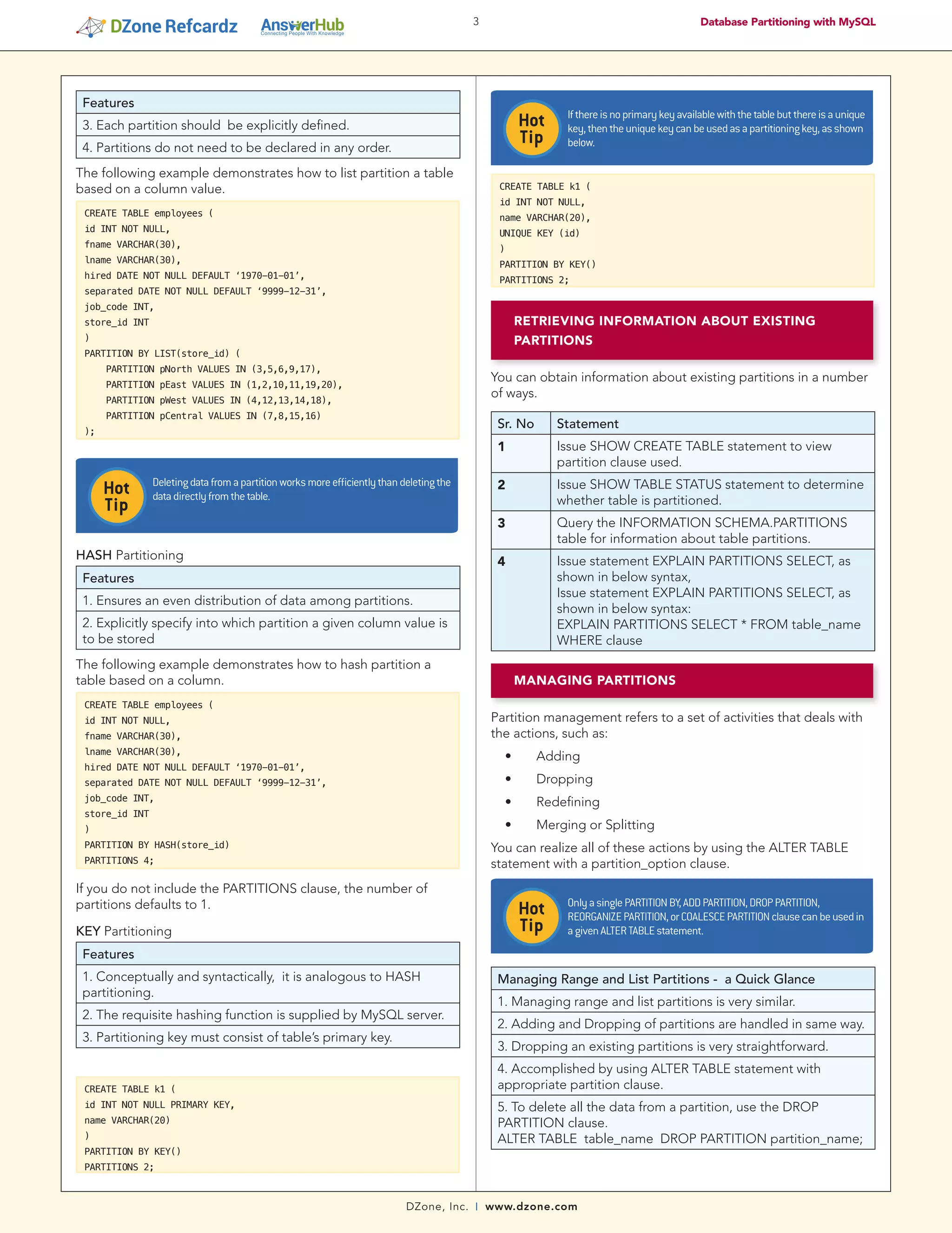3 Database Partitioning with MySQL
DZone, Inc. | www.dzone.com
Features
3. Each partition should be explicitly defined.
4. Partitions do not need to be declared in any order.
The following example demonstrates how to list partition a table
based on a column value.
CREATE TABLE employees (
id INT NOT NULL,
fname VARCHAR(30),
lname VARCHAR(30),
hired DATE NOT NULL DEFAULT ‘1970-01-01’,
separated DATE NOT NULL DEFAULT ‘9999-12-31’,
job_code INT,
store_id INT
)
PARTITION BY LIST(store_id) (
PARTITION pNorth VALUES IN (3,5,6,9,17),
PARTITION pEast VALUES IN (1,2,10,11,19,20),
PARTITION pWest VALUES IN (4,12,13,14,18),
PARTITION pCentral VALUES IN (7,8,15,16)
);
Hot
Tip
Deletingdatafromapartitionworksmoreefficientlythandeletingthe
datadirectlyfromthetable.
HASH Partitioning
Features
1. Ensures an even distribution of data among partitions.
2. Explicitly specify into which partition a given column value is
to be stored
The following example demonstrates how to hash partition a
table based on a column.
CREATE TABLE employees (
id INT NOT NULL,
fname VARCHAR(30),
lname VARCHAR(30),
hired DATE NOT NULL DEFAULT ‘1970-01-01’,
separated DATE NOT NULL DEFAULT ‘9999-12-31’,
job_code INT,
store_id INT
)
PARTITION BY HASH(store_id)
PARTITIONS 4;
If you do not include the PARTITIONS clause, the number of
partitions defaults to 1.
KEY Partitioning
Features
1. Conceptually and syntactically, it is analogous to HASH
partitioning.
2. The requisite hashing function is supplied by MySQL server.
3. Partitioning key must consist of table’s primary key.
CREATE TABLE k1 (
id INT NOT NULL PRIMARY KEY,
name VARCHAR(20)
)
PARTITION BY KEY()
PARTITIONS 2;
Hot
Tip
Ifthereisnoprimarykeyavailablewiththetablebutthereisaunique
key,thentheuniquekeycanbeusedasapartitioningkey,asshown
below.
CREATE TABLE k1 (
id INT NOT NULL,
name VARCHAR(20),
UNIQUE KEY (id)
)
PARTITION BY KEY()
PARTITIONS 2;
RETRIEVING INFORMATION ABOUT EXISTING
PARTITIONS
You can obtain information about existing partitions in a number
of ways.
Sr. No Statement
1 Issue SHOW CREATE TABLE statement to view
partition clause used.
2 Issue SHOW TABLE STATUS statement to determine
whether table is partitioned.
3 Query the INFORMATION SCHEMA.PARTITIONS
table for information about table partitions.
4 Issue statement EXPLAIN PARTITIONS SELECT, as
shown in below syntax,
Issue statement EXPLAIN PARTITIONS SELECT, as
shown in below syntax:
EXPLAIN PARTITIONS SELECT * FROM table_name
WHERE clause
MANAGING PARTITIONS
Partition management refers to a set of activities that deals with
the actions, such as:
•	 Adding
•	 Dropping
•	 Redefining
•	 Merging or Splitting
You can realize all of these actions by using the ALTER TABLE
statement with a partition_option clause.
Hot
Tip
OnlyasinglePARTITIONBY,ADDPARTITION,DROPPARTITION,
REORGANIZEPARTITION,orCOALESCEPARTITIONclausecanbeusedin
agivenALTERTABLEstatement.
Managing Range and List Partitions - a Quick Glance
1. Managing range and list partitions is very similar.
2. Adding and Dropping of partitions are handled in same way.
3. Dropping an existing partitions is very straightforward.
4. Accomplished by using ALTER TABLE statement with
appropriate partition clause.
5. To delete all the data from a partition, use the DROP
PARTITION clause.
ALTER TABLE table_name DROP PARTITION partition_name;
 