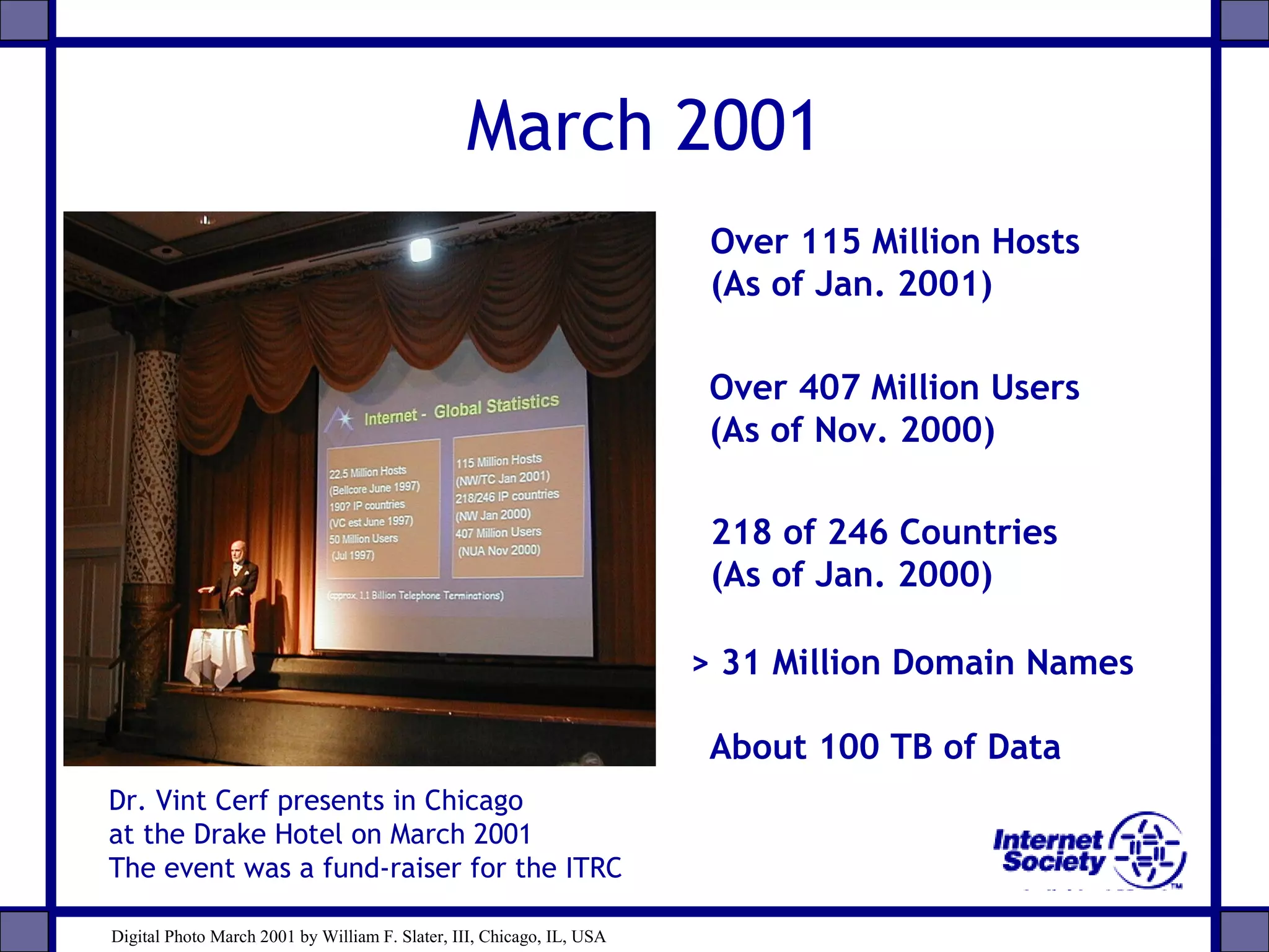 March 2001
Over 115 Million Hosts
(As of Jan. 2001)
Over 407 Million Users
(As of Nov. 2000)
218 of 246 Countries
(As of Jan. 2000)
About 100 TB of Data
> 31 Million Domain Names
Dr. Vint Cerf presents in Chicago
at the Drake Hotel on March 2001
The event was a fund-raiser for the ITRC
Digital Photo March 2001 by William F. Slater, III, Chicago, IL, USA
 