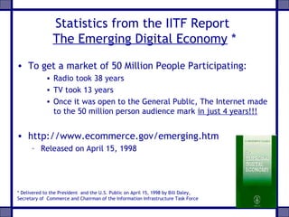Statistics from the IITF Report
The Emerging Digital Economy *
• To get a market of 50 Million People Participating:
• Radio took 38 years
• TV took 13 years
• Once it was open to the General Public, The Internet made
to the 50 million person audience mark in just 4 years!!!
• http://www.ecommerce.gov/emerging.htm
– Released on April 15, 1998
* Delivered to the President and the U.S. Public on April 15, 1998 by Bill Daley,
Secretary of Commerce and Chairman of the Information Infrastructure Task Force
 