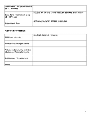 Short –Term Occupational Goals
(6 -12 months)
Long Term / retirement goals
(5 – 10 Years)
BECOME AN MA AND START WORKING TOWARD THAT FIELD
Educational Goals
GET MY ASSOCIATES DEGREE IN MEDICAL
Other Information
Hobbies / Interests:
HUNTING, CAMPING ,READING,
Memberships in Organizations
Volunteer/Community Activities
(Duties and Accomplishments)
Publications / Presentations:
Other
5
 