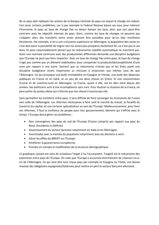de ce pays doit répliquer les actions de la Banque Centrale du pays sur lequel le change est indexé.
Ceci pose certains problèmes, car si par exemple la Federal Reserve baisse ses taux pour relancer
l'économie, le pays au taux de change fixe va devoir baisser ses taux, alors que ceci peut-être
contraire avec les objectifs internes du pays. Donc, comme les taux de changes ne peuvent pas
s’adapter alors des transferts entre zones doivent être possibles pour qu’un bloc monétaire
fonctionne. Par exemple, si on a une croissance supérieure en Allemagne, la population des zones en
crise doit avoir la possibilité de migrer vers les zones plus prospères facilement Or, ce n’est pas le cas
donc on peut raisonnablement penser que les mécanismes stabilité automatique ne marchent pas.
Avoir une monnaie commune avec des productivités différentes demande une discipline budgétaire
que l’Europe ne peut pas faire respecter. Avec un taux de change fixe entre pays, le taux de change
n’agit pas comme pas un élément stabilisateur pour compenser la productivité/compétitivité d’une
zone par rapport à une autre. Sachant que ce mécanisme n’existe pas et les Etats ayant une
discipline budgétaire moins importante se retrouve à emprunter aux mêmes taux de que
l’Allemagne. Ce qui provoque une bulle immobilière en Espagne et Irlande, une bulle des dépenses
publiques en France et en Italie, et un peu de ces deux choses en Grèce. Et une concentration
d’usine et de machine-outil en Allemagne. La France, quant à elle, est en déni total depuis des
années. Ses politiciens sont d’une incompétence sans nom. Pour illustrer la situation de la France, on
peut parler du jockey obese qui s’étonne que son cheval n’avance pas vite.
Sans permettre les transferts entre pays, il sera difficile de faire converger les économies de l’union
vers celle de l’Allemagne. Les réformes nécessaires à faire sont le marché du travail, la fiscalité du
travail et du capital, et une certaine spécialisation au sein de l’Europe. Malheureusement, pour faire
ces réformes, il faut la confiance du peuple pour leur gouvernement, élément qui s’effrite avec le
temps. L’Europe devra gérer ces problèmes :
 Non convergence des pays du sud de l’Europe (France compris) par rapport aux pays du
Nord. (Excédents vs Déficits)
 Assainissement du secteur bancaire notamment en Italie et en Allemagne.
 Incertitudes avec la montée du populisme notamment avec les élections à venir.
 Gérer les effets du BREXIT sur l’Europe.
 Améliorer la gouvernance européenne.
 Prendre en compte la modification de la structure démographique.
Le graphique suivant est celui de la balance Target 2 ou l’eurosystem. Target2 est le mécanisme des
paiements entre pays de l’Europe. On note que l’Europe a accumule énormément de créances vis-à-
vis de l’Allemagne. Ce qui veut dire tout risque pays par exemple en Espagne ou l’Italie, une baisse
massive des obligations espagnoles/italiennes peut mettre en péril le secteur bancaire allemand.
 