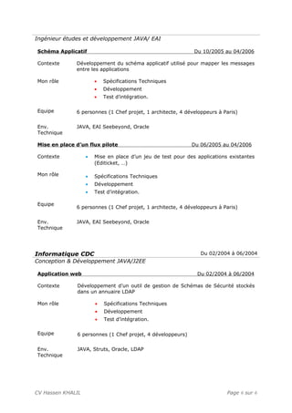 Ingénieur études et développement JAVA/ EAI
Schéma Applicatif Du 10/2005 au 04/2006
Contexte
Mon rôle
Equipe
Développement du schéma applicatif utilisé pour mapper les messages
entre les applications
• Spécifications Techniques
• Développement
• Test d’intégration.
6 personnes (1 Chef projet, 1 architecte, 4 développeurs à Paris)
Env.
Technique
JAVA, EAI Seebeyond, Oracle
Mise en place d’un flux pilote Du 06/2005 au 04/2006
Contexte
Mon rôle
Equipe
• Mise en place d’un jeu de test pour des applications existantes
(Editicket, …)
• Spécifications Techniques
• Développement
• Test d’intégration.
6 personnes (1 Chef projet, 1 architecte, 4 développeurs à Paris)
Env.
Technique
JAVA, EAI Seebeyond, Oracle
Informatique CDC Du 02/2004 à 06/2004
Conception & Développement JAVA/J2EE
Application web Du 02/2004 à 06/2004
Contexte
Mon rôle
Equipe
Développement d’un outil de gestion de Schémas de Sécurité stockés
dans un annuaire LDAP
• Spécifications Techniques
• Développement
• Test d’intégration.
6 personnes (1 Chef projet, 4 développeurs)
Env.
Technique
JAVA, Struts, Oracle, LDAP
CV Hassen KHALIL Page 6 sur 6
 