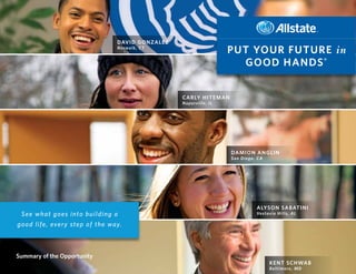 PUT YOUR FUTURE in
GOOD HANDS®
See what goes into building a
good life, every step of the way.
ALYSON SABATINI
Vestavia Hills, AL
KENT SCHWAB
Baltimore, MD
DAMION ANGLIN
San Diego, CA
CARLY HITEMAN
Naperville, IL
DAVID GONZALEZ
Norwalk, CT
Summary of the Opportunity
 
