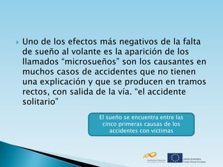    Uno de los efectos más negativos de la falta
    de sueño al volante es la aparición de los
    llamados “microsueños” son los causantes en
    muchos casos de accidentes que no tienen
    una explicación y que se producen en tramos
    rectos, con salida de la vía. “el accidente
    solitario”
                      El sueño se encuentra entre las
                       cinco primeras causas de los
                          accidentes con victimas
 