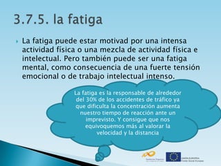    La fatiga puede estar motivad por una intensa
    actividad física o una mezcla de actividad física e
    intelectual. Pero también puede ser una fatiga
    mental, como consecuencia de una fuerte tensión
    emocional o de trabajo intelectual intenso.

                  La fatiga es la responsable de alrededor
                   del 30% de los accidentes de tráfico ya
                  que dificulta la concentración aumenta
                    nuestro tiempo de reacción ante un
                       imprevisto. Y consigue que nos
                       equivoquemos más al valorar la
                           velocidad y la distancia
 