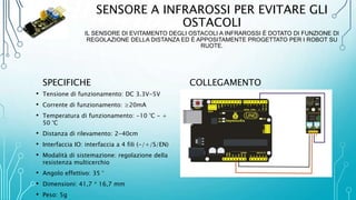 SENSORE A INFRAROSSI PER EVITARE GLI
OSTACOLI
IL SENSORE DI EVITAMENTO DEGLI OSTACOLI A INFRAROSSI È DOTATO DI FUNZIONE DI
REGOLAZIONE DELLA DISTANZA ED È APPOSITAMENTE PROGETTATO PER I ROBOT SU
RUOTE.
SPECIFICHE
• Tensione di funzionamento: DC 3.3V-5V
• Corrente di funzionamento: ≥20mA
• Temperatura di funzionamento: -10 °C - +
50 °C
• Distanza di rilevamento: 2-40cm
• Interfaccia IO: interfaccia a 4 fili (-/+/S/EN)
• Modalità di sistemazione: regolazione della
resistenza multicerchio
• Angolo effettivo: 35 °
• Dimensioni: 41,7 * 16,7 mm
• Peso: 5g
COLLEGAMENTO
 