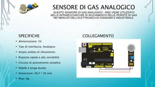 SENSORE DI GAS ANALOGICO
QUESTO SENSORE DI GAS ANALOGICO - MQ2 VIENE UTILIZZATO
NELLE APPARECCHIATURE DI RILEVAMENTO DELLE PERDITE DI GAS
NEI MERCATI DELL'ELETTRONICA DI CONSUMO E INDUSTRIALE.
SPECIFICHE
• Alimentazione: 5V
• Tipo di interfaccia: Analogico
• Ampio ambito di rilevamento
• Risposta rapida e alta sensibilità
• Circuito di azionamento semplice
• Stabile e lunga durata
• Dimensioni: 49,7 * 20 mm
• Peso: 8g
COLLEGAMENTO
 