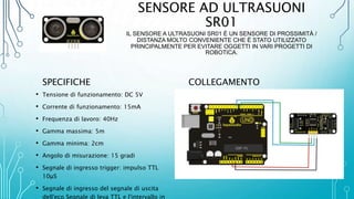 SENSORE AD ULTRASUONI
SR01
IL SENSORE A ULTRASUONI SR01 È UN SENSORE DI PROSSIMITÀ /
DISTANZA MOLTO CONVENIENTE CHE È STATO UTILIZZATO
PRINCIPALMENTE PER EVITARE OGGETTI IN VARI PROGETTI DI
ROBOTICA.
SPECIFICHE
• Tensione di funzionamento: DC 5V
• Corrente di funzionamento: 15mA
• Frequenza di lavoro: 40Hz
• Gamma massima: 5m
• Gamma minima: 2cm
• Angolo di misurazione: 15 gradi
• Segnale di ingresso trigger: impulso TTL
10μS
• Segnale di ingresso del segnale di uscita
dell'eco Segnale di leva TTL e l'intervallo in
COLLEGAMENTO
 