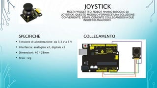JOYSTICK
MOLTI PROGETTI DI ROBOT HANNO BISOGNO DI
JOYSTICK. QUESTO MODULO FORNISCE UNA SOLUZIONE
CONVENIENTE. SEMPLICEMENTE COLLEGANDOSI A DUE
INGRESSI ANALOGICI.
SPECIFICHE
• Tensione di alimentazione: da 3,3 V a 5 V
• Interfaccia: analogico x2, digitale x1
• Dimensioni: 40 * 28mm
• Peso: 12g
COLLEGAMENTO
 