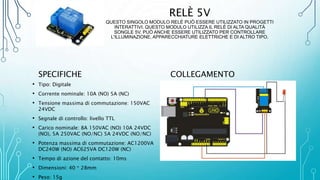 RELÈ 5V
QUESTO SINGOLO MODULO RELÈ PUÒ ESSERE UTILIZZATO IN PROGETTI
INTERATTIVI. QUESTO MODULO UTILIZZA IL RELÈ DI ALTA QUALITÀ
SONGLE 5V. PUÒ ANCHE ESSERE UTILIZZATO PER CONTROLLARE
L'ILLUMINAZIONE, APPARECCHIATURE ELETTRICHE E DI ALTRO TIPO.
SPECIFICHE
• Tipo: Digitale
• Corrente nominale: 10A (NO) 5A (NC)
• Tensione massima di commutazione: 150VAC
24VDC
• Segnale di controllo: livello TTL
• Carico nominale: 8A 150VAC (NO) 10A 24VDC
(NO), 5A 250VAC (NO/NC) 5A 24VDC (NO/NC)
• Potenza massima di commutazione: AC1200VA
DC240W (NO) AC625VA DC120W (NC)
• Tempo di azione del contatto: 10ms
• Dimensioni: 40 * 28mm
• Peso: 15g
COLLEGAMENTO
 