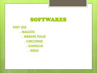 SOFTWARES
THEY USE
o NAGIOS
o WEBSITE PULSE
o CIRCONUS
o GANGLIA
o REDIS
 