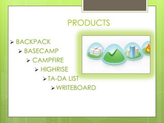 PRODUCTS
 BACKPACK
 BASECAMP
 CAMPFIRE
 HIGHRISE
TA-DA LIST
WRITEBOARD
 