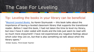 Tip: Phân chia cấp độ sách trong thư viện có thể mang
lại nhiều lợi ích
“Beyond Leveled Books, của Karen Szymusiak – là cuốn sách nói về tầm quan
trọng của việc phân chia cấp độ cho các cuốn sách trong thư viện lớp, nhằm
hỗ trợ việc đọc của học sinh... Trước khi đọc cuốn sách này, tôi chưa từng
dành thời gian để phân chia cấp độ sách trong thư viện lớp mình, nhưng giờ
tôi đã dùng màu sắc để phân cấp chúng và bọn trẻ có vẽ thích đọc hơn nhiều!
Tôi chưa từng thấy có phản ứng tiêu cực nào về việc màu sắc của chúng ra
sao, nhưng đó sẽ là điều mà chúng tôi cùng bàn luận khi thư viện mở cửa.”
- Amber Scalzo, Third Grade Teacher
Trường hợp nên phân chia cấp độ đọc
 