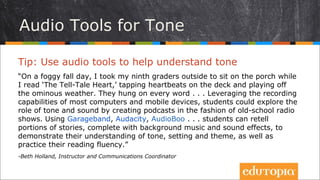 Sử dụng công cụ âm thanh
Tip: Dùng các công cụ âm thanh
“Vào một ngày thu ảm đạm đầy sương mù, tôi đã gọi các học sinh lớp 9 của
mình đến ngồi trên hiên nhà trong khi tôi đọc cuốn ‘The Tell-Tale Heart,’ vừa
đọc vừa gõ nhịp trên bàn và quên đi thời tiết chán òm bên ngoài. Các em say
sưa nghe từng câu, từng chữ. . . Tận dụng chức năng ghi âm của các máy
tính và các thiết bị điện tử khác, các em có thể khám phá vai trò của các tông
giọng và âm thanh bằng việc tạo ra các file âm thanh giống như các trương
trình phát thanh trên đài thuở trước. Sử dụng các công cụ như Garageband,
Audacity, AudioBoo . . . Các em có thể kể hoặc đọc truyện với nhạc nền hay
các hiệu ứng âm thanh đi kèm, để tập tăng độ diễn cảm.”
- Beth Holland, Instructor and Communications Coordinator
 