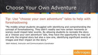 Chọn cuộc phiêu lưu của riêng mình
Tip: “Chọn cuộc phiêu lưu của riêng em” để nắm được
mối liên hệ của các sự kiện
“Các học sinh cấp hai của tôi gặp khó khăn với việc xác định và hiểu ý nghĩa
của truyện. Họ thường tìm được mối liên hệ giữa các sự kiện trong câu
chuyện. Bằng việc cho phép học sinh được kể lại câu chuyện theo cách để các
em “chọn cuộc phiêu lưu của riêng mình”, các em không chỉ có cơ hội để hình
dung lại câu chuyện đó mà còn tạo ra được những câu chuyện mới, xác định
được những sự việc hay hoạt động chính và vai trò của chúng đối với câu
chuyện.”
- Beth Holland, Instructor and Communications Coordinator
 
