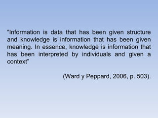 “ Information is data that has been given structure and knowledge is information that has been given meaning. In essence, knowledge is information that has been interpreted by individuals and given a context” (Ward y Peppard, 2006, p. 503). 