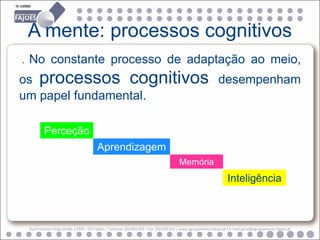 A mente: processos cognitivos
.   No constante processo de adaptação ao meio,
os processos cognitivos desempenham
um papel fundamental.

            Perceção
                                           Aprendizagem
                                                                                            Memória
                                                                                                                        Inteligência



    Rua Professor Veiga Simão | 3700 - 355 Fajões | Telefone: 256 850 450 | Fax: 256 850 452 | www.agrupamento-fajoes.pt | E-mail: geral@agrupamento-fajoes.pt
 