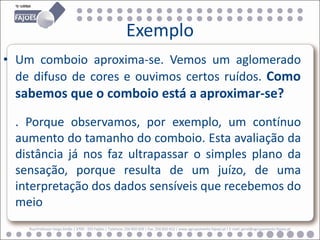 Exemplo
• Um comboio aproxima-se. Vemos um aglomerado
  de difuso de cores e ouvimos certos ruídos. Como
  sabemos que o comboio está a aproximar-se?

  . Porque observamos, por exemplo, um contínuo
  aumento do tamanho do comboio. Esta avaliação da
  distância já nos faz ultrapassar o simples plano da
  sensação, porque resulta de um juízo, de uma
  interpretação dos dados sensíveis que recebemos do
  meio
    Rua Professor Veiga Simão | 3700 - 355 Fajões | Telefone: 256 850 450 | Fax: 256 850 452 | www.agrupamento-fajoes.pt | E-mail: geral@agrupamento-fajoes.pt
 