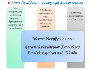 Κόμματα Αρχηγοί Ψήφοι Έδρες
Αριθμός % +− % Αριθμός +−
1
Ηνωμένη
Αντιπολίτευσις
Δημήτριος
Γούναρης
368,678 49,36 260
2
Κόμμα
Φιλελευθέρων
Ελευθέριος
Βενιζέλος
375,803 50,31 110
3
Ανεξάρτητοι
υποψήφιοι
- 2,465 0,33 0
100,00 370
Ψηφίσαντες 746,946
▲ http://el.wikipedia.org/wiki
Ποια παράταξη κέρδισε τις περισσότερες ψήφους/ το μεγαλύτερο
ποσοστό; Ποιος τελικά κέρδισε τις εκλογές; Γιατί;
 