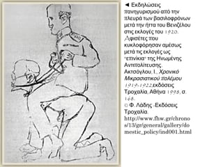 ◄ Εκδηλώσεις πανηγυρισμού από την πλευρά των
βασιλοφρόνων μετά την ήττα του Βενιζέλου στις εκλογές
του 1920. Aφισέτες που κυκλοφόρησαν αμέσως μετά τις
εκλογές ως "επινίκια" της Ηνωμένης Αντιπολίτευσης.
Ακτσόγλου, Ι., Χρονικό Μικρασιατικού πολέμου 1919-
1922,εκδόσεις Τροχαλία, Αθήνα 1998, σ. 168.
© Φ. Λάδης -Εκδόσεις Τροχαλία.
http://www.fhw.gr/chronos/13/gr/general/gallery/do
mestic_policy/ind001.html
 Οι εκλογές του Νοεμβρίου του 1920 είχαν
ως αποτέλεσμα την επάνοδο του
Κωνσταντίνου στην εξουσία. Φωτογραφία
από την επιστροφή του βασιλιά
Κωνσταντίνου στην Ελλάδα.
Αθήνα,ΦωτογραφικόΑρχείοΠολεμικούΜουσείου.©
ΠολεμικόΜουσείο,Αθήνα.
http://www.fhw.gr/chronos/13/gr/general/gallery/d
omestic_policy/ind001.html
 