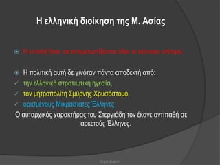 Η ειιεληθή δηνίθεζε ηεο Μ. Αζίαο


   Η εληνιή ήηαλ λα αληηκεησπίδνληαη όινη νη θάηνηθνη ηζόηηκα.

 Η πνιηηηθή απηή δε γηλόηαλ πάληα απνδεθηή από:
 ηελ ειιεληθή ζηξαηησηηθή εγεζία,
 ηνλ κεηξνπνιίηε ΢κύξλεο Υξπζόζηνκν,
 νξηζκέλνπο Μηθξαζηάηεο Έιιελεο.
Ο απηαξρηθόο ραξαθηήξαο ηνπ ΢ηεξγηάδε ηνλ έθαλε αληηπαζή ζε
                       αξθεηνύο Έιιελεο.




                                Σοφία Ζερβού
 