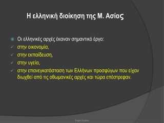 Η ειιεληθή δηνίθεζε ηεο Μ. Αζίας


 Οη ειιεληθέο αξρέο έθαλαλ ζεκαληηθό έξγν:
 ζηελ νηθνλνκία,
 ζηελ εθπαίδεπζε,
 ζηελ πγεία,
 ζηελ επαλεγθαηάζηαζε ησλ Διιήλσλ πξνζθύγσλ πνπ είραλ
  δησρζεί από ηηο νζσκαληθέο αξρέο θαη ηώξα επέζηξεθαλ.




                           Σοφία Ζερβού
 