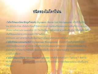 ชนิดของไมโครโฟน
1.ไมโครโฟนแบบไดนามิกมูฟวิ่งคอล์ย (Dynamic Movie Coil Microphone) หรือที่เรียกสั้นๆว่า
ไดนามิกไมโครโฟน เป็นไมโครโฟนที่ใช้หลักการของการเคลื่อนที่ของขดลวดตามเสียงที่มากระทบ และ
เมื่อขดลวดตัดผ่านสนามแม่เหล็กถาวร ก็จะเกิดเป็นแรงเคลื่อนไฟฟ้าตามคลื่นเสียงนั้น ไมโครโฟนชนิดนี้
เป็นที่นิยมแพร่หลาย ครอบคลุมการใช้งานเกือบ
ทุกประเภท เพราะสามารถรับเสียงในย่านกว้างทั้งความถี่ต่าและความถี่สูงได้
2.ไมโครโฟนแบบคอนเดนเซอร์ (Condenser Microphone) เป็นไมโครโฟนที่ออกแบบโดยใช้
หลักการเปลี่ยนแปลงค่าความจุ ตามเสียงที่มากระทบแผ่นฉนวนที่อยู่ระหว่างแผ่นเพลทสองแผ่น โดย
ส่วนใหญ่ไมโครโฟนประเภทนี้จะต้องมีแหล่งจ่ายไฟเลี้ยงเช่น ถ่านไฟฉายอยู่ด้วย สามารถตอบสนอง
ความถี่สูงได้ดีมาก
3.ไมโครโฟนแบบไร้สาย (Wireless Microphone) หรือที่เรียกกันทั่วไปว่า “ไมค์ลอย “ ซึ่งความ
จริงก็คือไมโครโฟน 2 แบบแรก เพียงแต่เพิ่มวงจรเครื่องส่งให้สามารถส่งสัญญาณออกมาเป็นคลื่นวิทยุ
ได้นั่นเอง
 