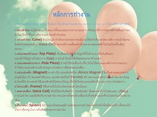 หลักการทางาน
ลาโพงแบบตู้ปิดส่วนใหญ่ จะเป็นลาโพงแบบ ไดนามิกมูฟวิ่งคอล์ย (Dynamic Moving Coil) โดยจะมีโครงสร้างดังนี้
1.ขอบลำโพง จะมีลักษณะเป็นลอน มีทั้งแบบขอบกระดาษ,ขอบยาง หรือขอบที่ทาจากพลาสติกโพลีเมอร์ ขอบ
ลาโพง มีหน้าที่ในการยึดกรวยลาโพงเข้ากับเฟรม
2.กรวยลำโพง (Cone) ส่วนใหญ่มักทาด้วยกระดาษอาจจะมีบางบริษัททาด้วยสารพลาสติก กรวยลาโพงจะ
ยึดติดกับขดลวดเสียง (Voice Coil) โดยจะมีการเคลื่อนตัวเข้าออกตามขดลวดทาให้เกิดเป็นคลื่นเสียง
ออกมา
3.แผ่นเพลทด้ำนบน (Top Plate) เป็นโลหะที่แม่เหล็กไม่ดูดใช้กั้นด้านบน เพื่อกันเส้นแรง
แม่เหล็กให้อยู่ภายในช่องว่าง (Gap) ภายในลาโพงไม่ให้เล็ดลอดออกมาด้านนอก
4.แผ่นเพลทส่วนกลำง (Pole Piece) ทาหน้าที่เช่นเดียวกัน คือ กันไม่ให้สนามแม่เหล็กกระจายออกมา
ทาให้สนามแม่เหล็กรวมตัวกันอยู่ภายในช่องว่างที่สอดขดลวดเสียง
5.แท่งแม่เหล็ก (Magnet) อาจทาเป็น แม่เหล็กอัลนิโค (Alnico Magnet) ซึ่งเป็นส่วนผสมระหว่าง
อะลูมิเนียม กับ โคบอลท์ หรือแบบ แม่เหล็กเฟอร์ไรท์ (Ferrite) สร้างสนามแม่เหล็กภายในลาโพง ส่วนใหญ่
ลาโพงที่มีราคาแพงมักใช้แม่เหล็กอัลนิโคขนาดใหญ่ เพื่อให้เกิดสนามแม่เหล็กปริมาณมากๆภายในช่องว่าง
6.โครงเหล็ก (Frame) ก็คือส่วนที่เป็นโครงโลหะของลาโพงนั่นเอง
7.ขดลวดเสียง (Voice Coil) หรือที่เรียกทับศัพท์ว่า “วอยซ์คอล์ย” คือขดลวดที่วางในช่องแคบ ๆ(Gap)
ภายในลาโพง และยึดติดกับกรวยลาโพง ส่วนปลายทั้งสองข้างเชื่อมกับขั้วต่อด้านนอกที่จะไปต่อกับเครื่องขยาย
เสียง
8.สไปเดอร์ (Spider) มีลักษณะเป็นลอนอยู่ด้านหลังของกรวยลาโพง โดยทาหน้าที่เหมือนสปริง เพื่อช่วยให้
เกิดการยืดหยุ่นในการคืนตัวกลับของกรวยลาโพง
 