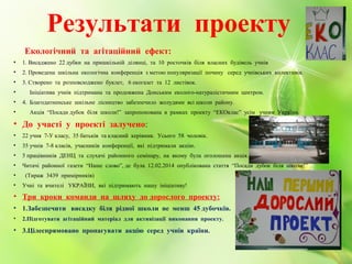 Результати проекту
Екологічний та агітаційний ефект:
• 1. Висаджено 22 дубки на пришкільній ділянці, та 10 росточків біля власних будівель учнів
• 2. Проведена шкільна екологічна конференція з метою популяризації почину серед учнівських колективів.
• 3. Створено та розповсюджено буклет, 6 екогазет та 12 листівок.
• Ініціатива учнів підтримана та продовжена Донським еколого-натуралістичним центром.
• 4. Благодатненське шкільне лісництво забезпечило жолудями всі школи району.
• Акція “Посади дубок біля школи!” запропонована в рамках проекту “ЕКОклас” усім учням України.
• До участі у проекті залучено:
• 22 учня 7-У класу, 35 батьків та класний керівник. Усього 58 чоловік.
• 35 учнів 7-8 класів, учасників конференції, які підтримали акцію.
• 5 працівників ДЕНЦ та слухачі районного семінару, на якому була оголошена акція.
• Читачі районної газети “Наше слово”, де була 12.02.2014 опублікована стаття “Посади дубок біля школи!”
• (Тираж 3439 примірників)
• Учні та вчителі УКРАЇНИ, які підтримають нашу ініціативу!
• Три кроки команди на шляху до дорослого проекту:
• 1.Забезпечити висадку біля рідної школи не менш 45 дубочків.
• 2.Підготувати агітаційний матеріал для активізації виконання проекту.
• 3.Цілеспрямовано пропагувати акцію серед учнів країни.
 