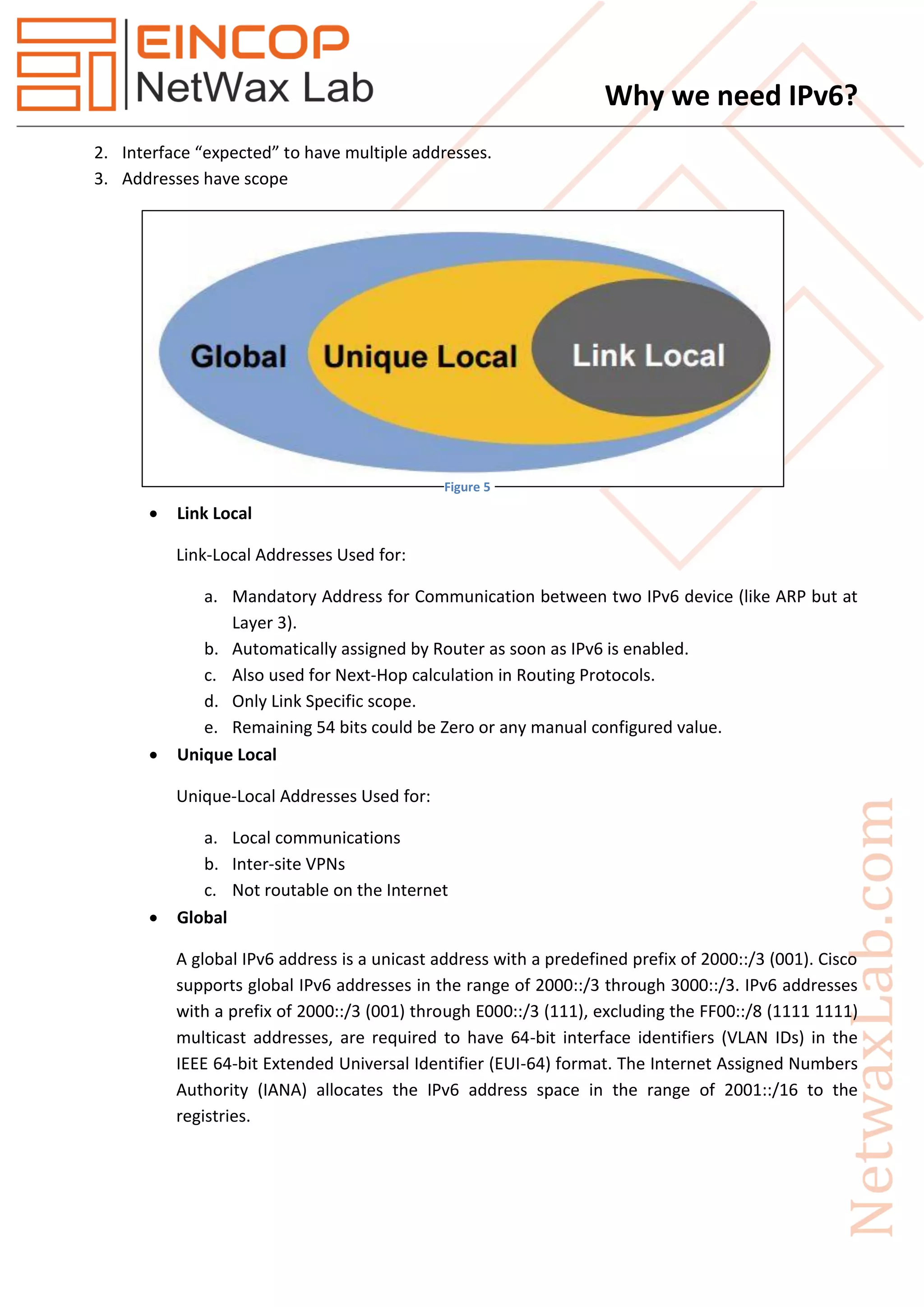 Why we need IPv6?
2. Interface “expected” to have multiple addresses.
3. Addresses have scope
 Link Local
Link-Local Addresses Used for:
a. Mandatory Address for Communication between two IPv6 device (like ARP but at
Layer 3).
b. Automatically assigned by Router as soon as IPv6 is enabled.
c. Also used for Next-Hop calculation in Routing Protocols.
d. Only Link Specific scope.
e. Remaining 54 bits could be Zero or any manual configured value.
 Unique Local
Unique-Local Addresses Used for:
a. Local communications
b. Inter-site VPNs
c. Not routable on the Internet
 Global
A global IPv6 address is a unicast address with a predefined prefix of 2000::/3 (001). Cisco
supports global IPv6 addresses in the range of 2000::/3 through 3000::/3. IPv6 addresses
with a prefix of 2000::/3 (001) through E000::/3 (111), excluding the FF00::/8 (1111 1111)
multicast addresses, are required to have 64-bit interface identifiers (VLAN IDs) in the
IEEE 64-bit Extended Universal Identifier (EUI-64) format. The Internet Assigned Numbers
Authority (IANA) allocates the IPv6 address space in the range of 2001::/16 to the
registries.
Figure 5
 