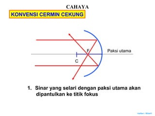 Author : Khairi
C
Paksi utamaF
1. Sinar yang selari dengan paksi utama akan
dipantulkan ke titik fokus
KONVENSI CERMIN CEKUNG
CAHAYA
 