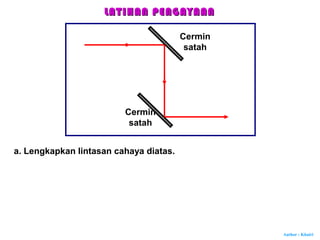 Author : Khairi
a. Lengkapkan lintasan cahaya diatas.
Cermin
satah
Cermin
satah
LATIHAN PENGAYAANLATIHAN PENGAYAAN
 