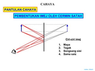 Author : Khairi
Ciri-ciri imej
1. Maya
2. Tegak
3. Songsang sisi
4. Sama saiz
PEMBENTUKAN IMEJ OLEH CERMIN SATAH
CAHAYA
PANTULAN CAHAYA
 