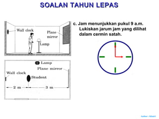 Author : Khairi
c. Jam menunjukkan pukul 9 a.m.
Lukiskan jarum jam yang dilihat
dalam cermin satah.
SOALAN TAHUN LEPASSOALAN TAHUN LEPAS
 
